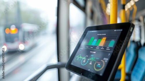 Digital tablet displaying real-time public transit data photo