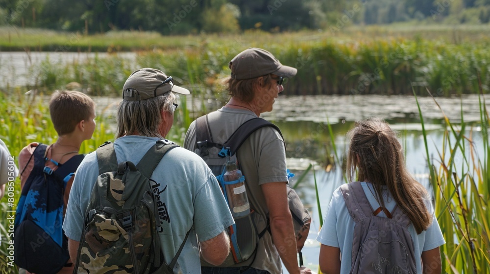 Naturalist guiding a group through a wetland Naturalist guiding a group through a wetland