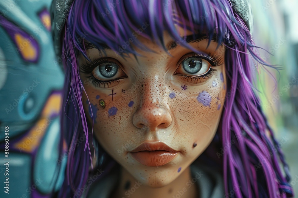 A girl with blue eyes and purple hair