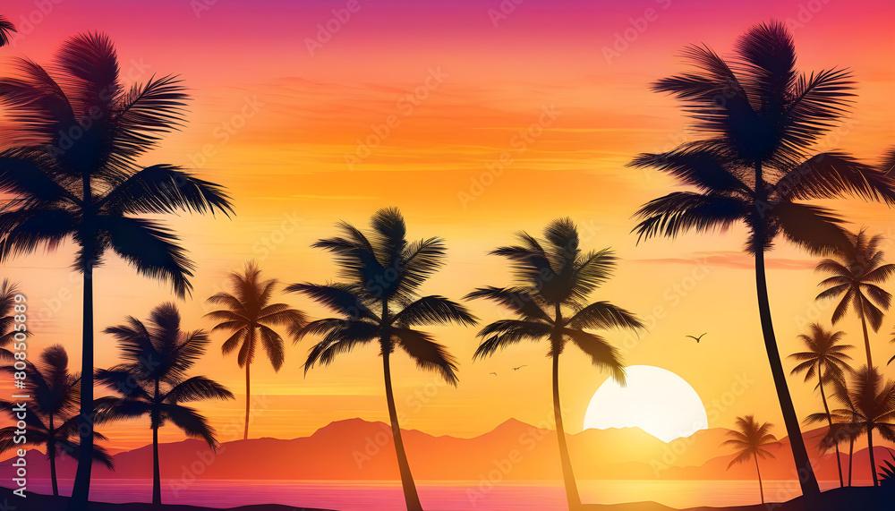 A tropical beach with palm trees silhouetted against a colorful sunset sky
