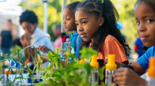 Young innovators at a science fair presenting their environmental projects. photo