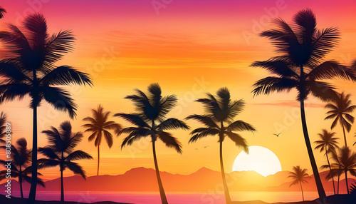 A tropical beach with palm trees silhouetted against a colorful sunset sky