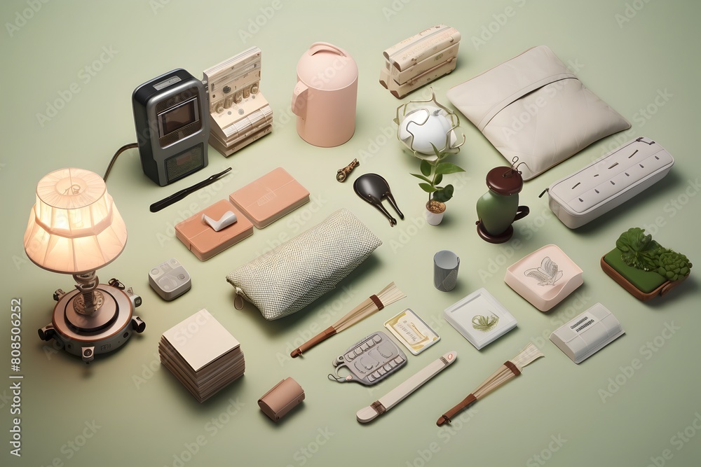 Three-Dimensional Flat Lay Photography: A Softly Lit Arrangement of Colorful Shapes and Objects