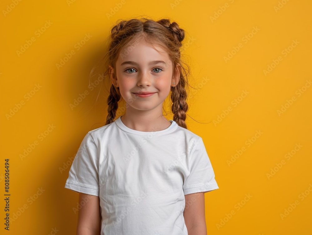 Kids tshirt mockup, Portrait of a cheerful young girl with braided hair, wearing a white t-shirt, set against a vivid yellow background. Kids tshirt mockup, Portrait of a cheerful young girl with braided hair, wearing a white t-shirt, set against a vivid yellow background.