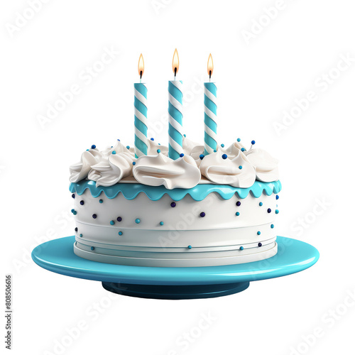 A delicious-looking blue and white birthday cake with three lit candles on top. It's sitting on a blue plate.