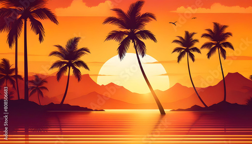 A photo of a tropical beach with a colorful sunset in the background and palm trees in the foreground