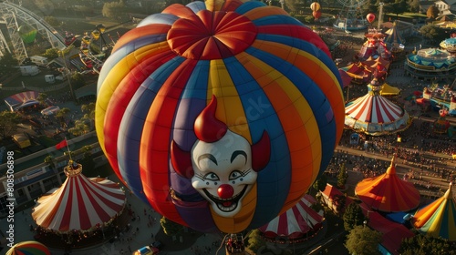  giant hot air balloon shaped like a clown s head  floating over a sea of colorful tents and rides at a circus-themed amusement park. 