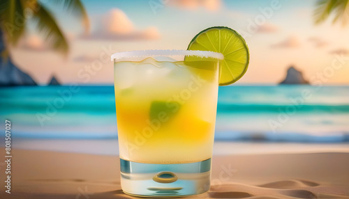 A margarita cocktail on a sandy beach with a clear blue sea and sky in the background