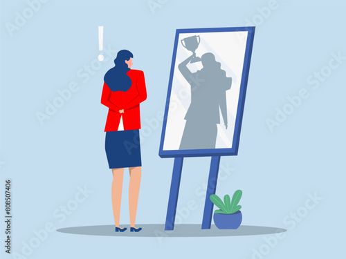Businesswoman looking at his strong ideal self superhero reflection mirror.ambition and self confident concept. Dreamy person, self motivation, self esteem human vector illustration. 