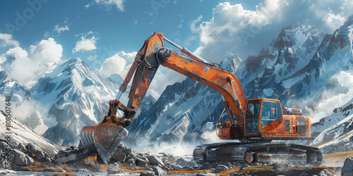 A large excavator is moving rocks in the mountainous terrain, surrounded by rocky hills and mountains under a blue sky with white clouds