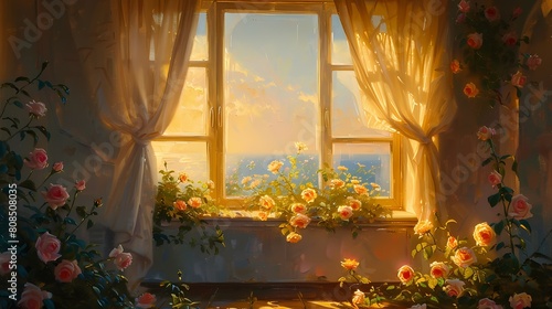 Fantasy window rose oil painting illustration poster background