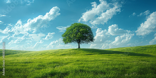A green field with tree and a blue sky and white clouds  nature background. banner 