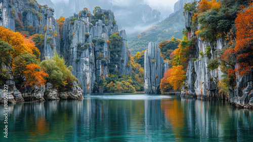  Colorful autumn scenery  tall cliffs and lush forests on both sides of the lake  with reflections in the clear water.  Created with Ai