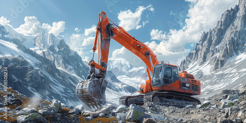 A large excavator is moving rocks in the mountainous terrain, surrounded by rocky hills and mountains under a blue sky with white clouds photo