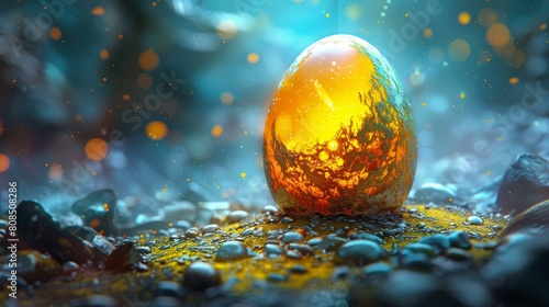 The glowing egg of a mythical creature rests on a bed of rocks, awaiting the warmth of a worthy soul to hatch it. photo