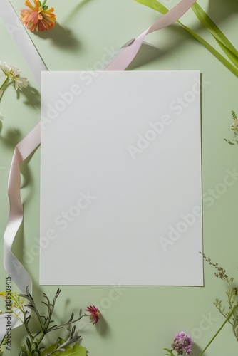Elegant greeting card invitation isolated empty space beautified with ribbon and flower decoration