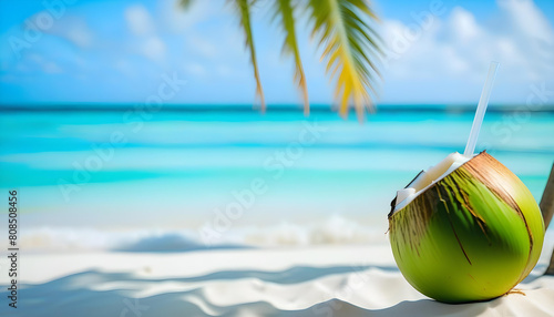 A tropical beach with a coconut on the sand and palm trees in the background