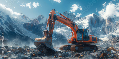 A large excavator is moving rocks in the mountainous terrain, surrounded by rocky hills and mountains under a blue sky with white clouds