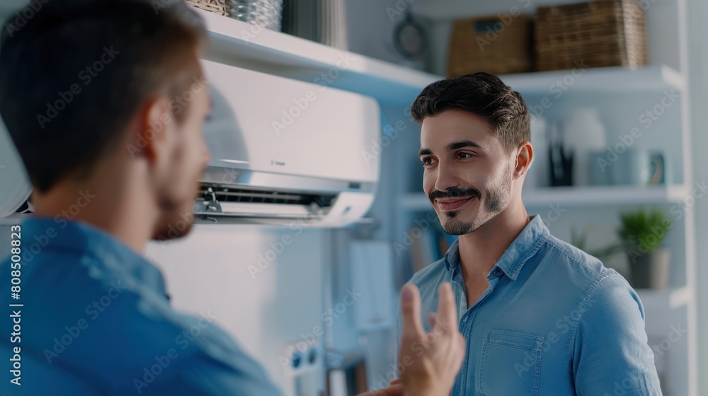Fototapeta premium photorealistic image of an air conditioning technician explaining the installation process to a customer, demonstrating their communication and customer service skills. 