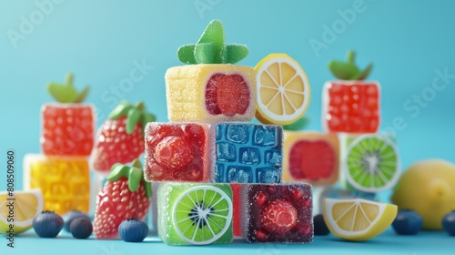  stack of colorful fruit candy blocks  each one shaped like a different fruit  such as strawberries  blueberries  oranges  and lemons. 