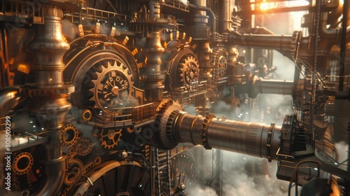  steampunk-inspired sugar factory, with gears, cogs, and steam-powered contraptions filling the scene, creating a sense of wonder and nostalgia. photo