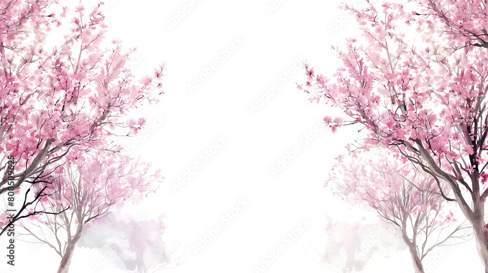 landscape Redbud Trees on white background with copy space. 