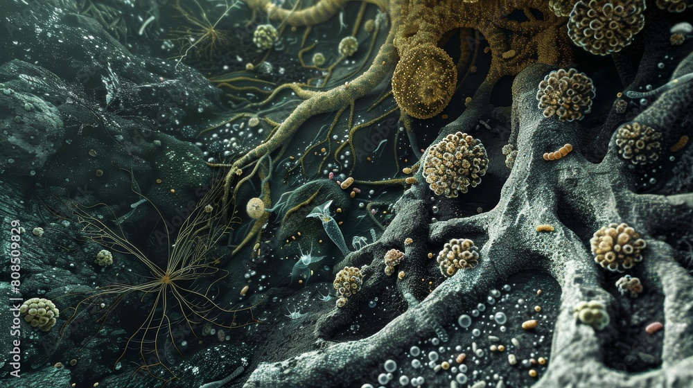 High-resolution image depicting the complex network of soil biota, from ...