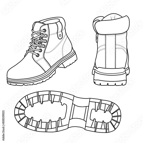 Template vector hiking boots. Outline vector doodle illustration. Front, side, back, and bottom views isolated on a white background
