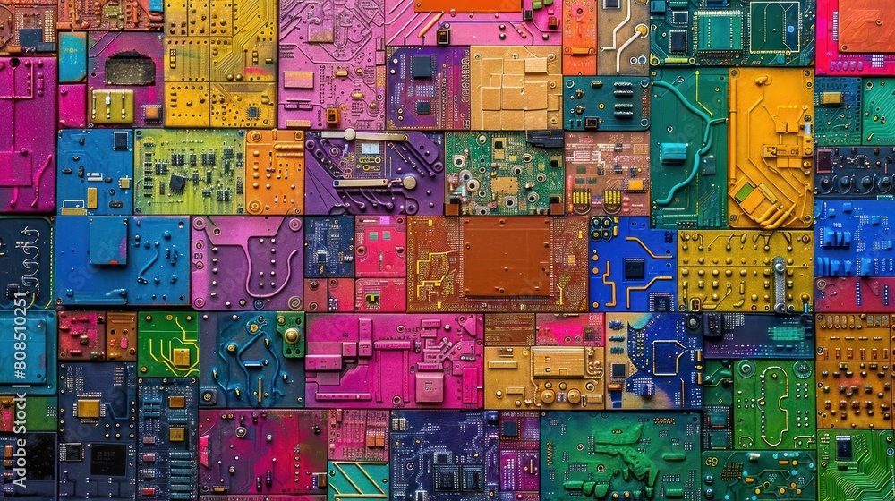  vibrant array of colorful circuit boards, their intricate patterns resembling miniature works of art, reflecting the ingenuity and innovation driving the factory's production., 