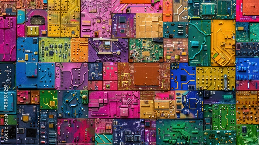 Obraz premium vibrant array of colorful circuit boards, their intricate patterns resembling miniature works of art, reflecting the ingenuity and innovation driving the factory's production., 