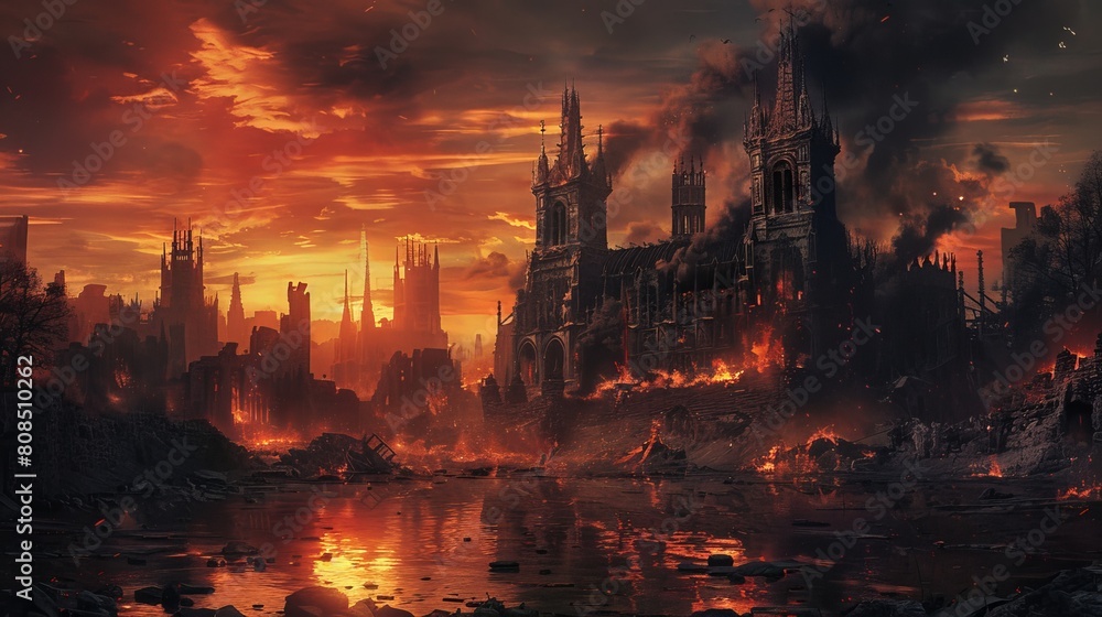 Naklejka premium Gothic architecture silhouetted against a smoldering sky, lava rivers reflecting on crumbling facades, apocalyptic city of hell