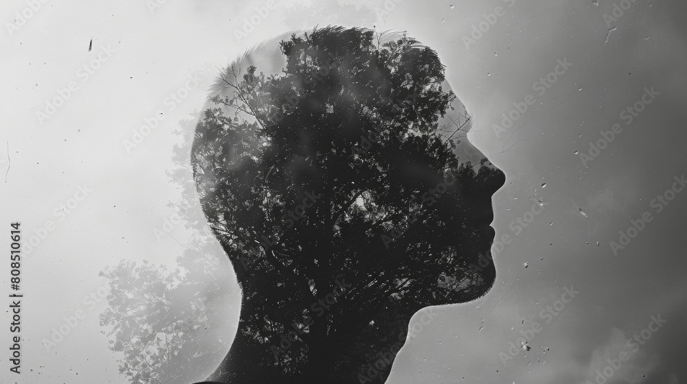Monochrome Double Exposure of Man and Trees
