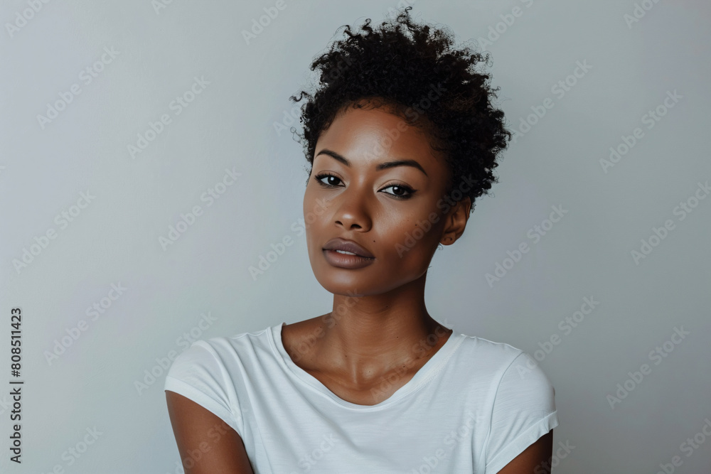 a woman with a white shirt and a black hair