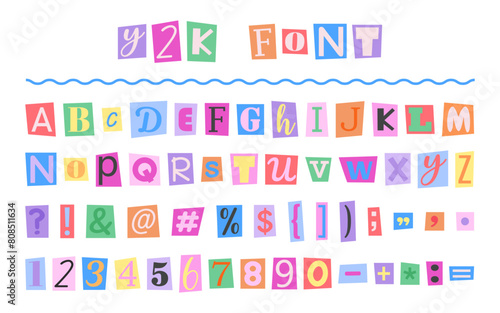 Cut colorful letters, numbers from magazines in Y2K style. Anonymous newspaper font for collage in 90s style. Criminal clipping alphabet for poster, banner, greeting card, social media, web design © Karelkart