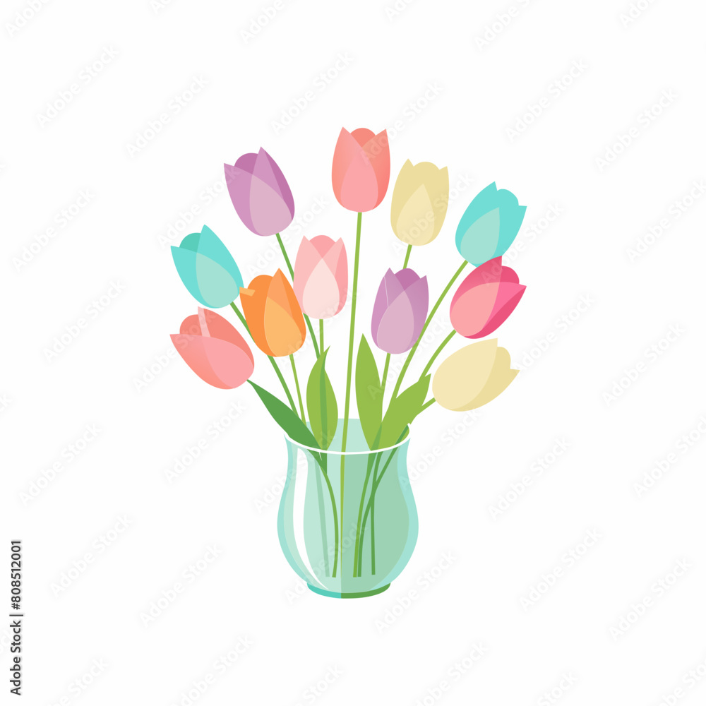 tulip Flower in Glass vases with blue water. Cute colorful flower icon collection. White background. Flat design tulip Flower in Glass vases with blue water. Cute colorful flower icon collection. White background. Flat design