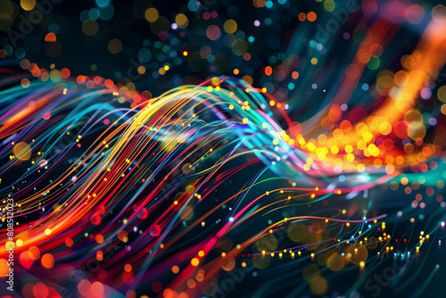 Dynamic strands of colorful digital data forming an intricate network of connections on a dark background.