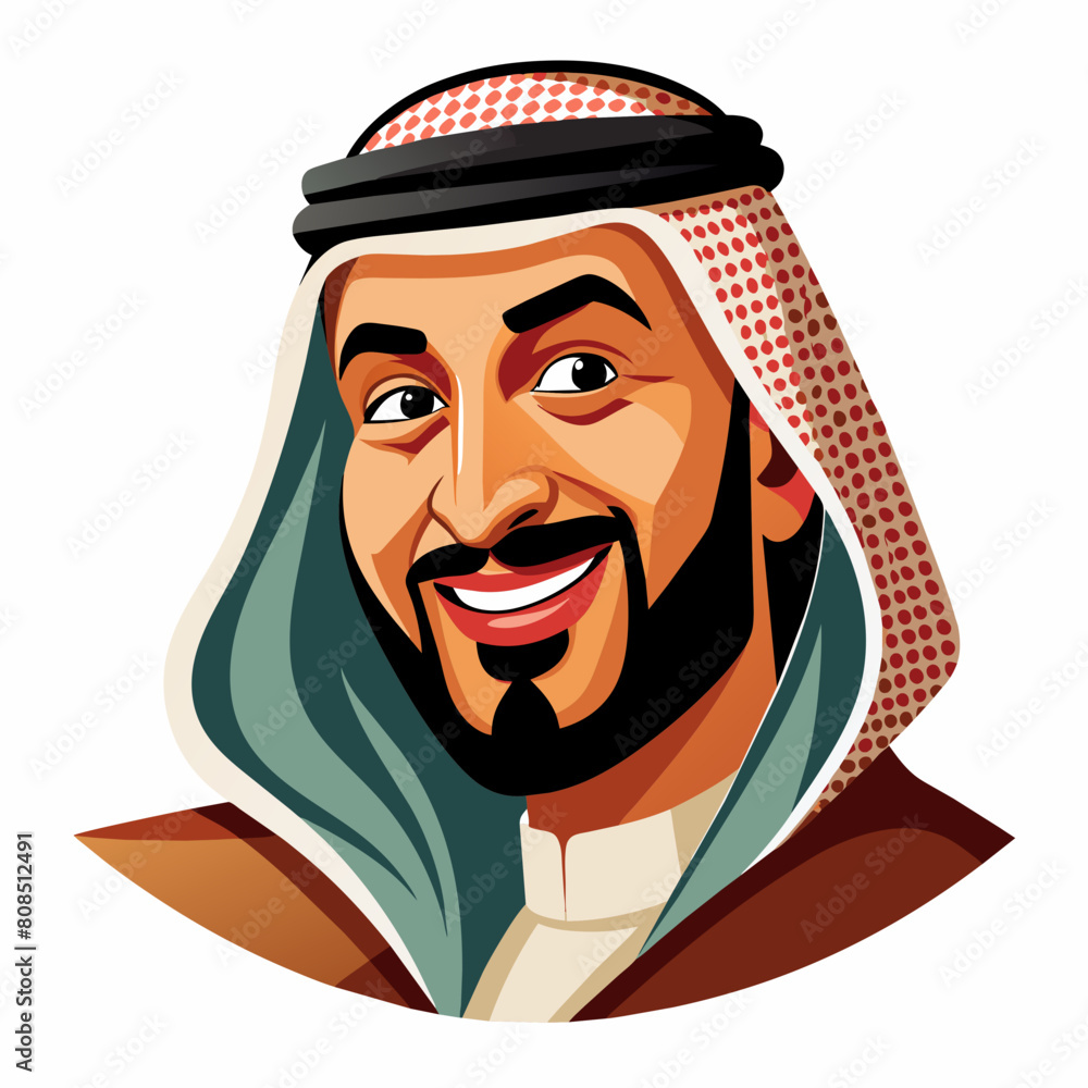 Obraz premium An Arabic Saudi man, exuding vintage charm, stands confidently in traditional Muslim attire. His beard adds to his distinguished appearance, symbolizing maturity and wisdom. With a subtle wink.