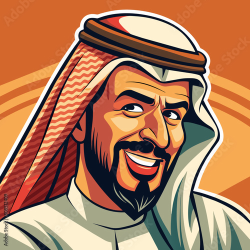 An Arabic Saudi man, exuding vintage charm, stands confidently in traditional Muslim attire. His beard adds to his distinguished appearance, symbolizing maturity and wisdom. With a subtle wink.
