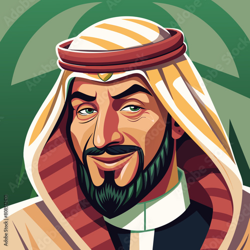 An Arabic Saudi man, exuding vintage charm, stands confidently in traditional Muslim attire. His beard adds to his distinguished appearance, symbolizing maturity and wisdom. With a subtle wink.