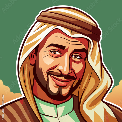 An Arabic Saudi man, exuding vintage charm, stands confidently in traditional Muslim attire. His beard adds to his distinguished appearance, symbolizing maturity and wisdom. With a subtle wink.