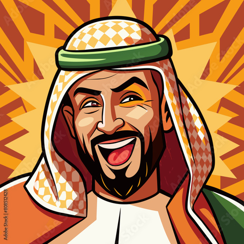 An Arabic Saudi man, exuding vintage charm, stands confidently in traditional Muslim attire. His beard adds to his distinguished appearance, symbolizing maturity and wisdom. With a subtle wink.