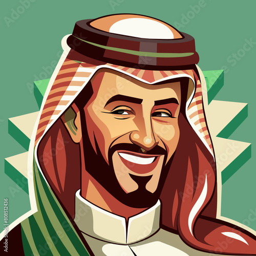 An Arabic Saudi man, exuding vintage charm, stands confidently in traditional Muslim attire. His beard adds to his distinguished appearance, symbolizing maturity and wisdom. With a subtle wink.