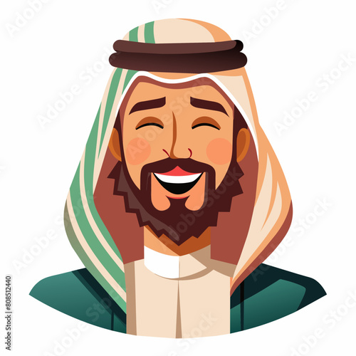 An Arabic Saudi man, exuding vintage charm, stands confidently in traditional Muslim attire. His beard adds to his distinguished appearance, symbolizing maturity and wisdom. With a subtle wink.