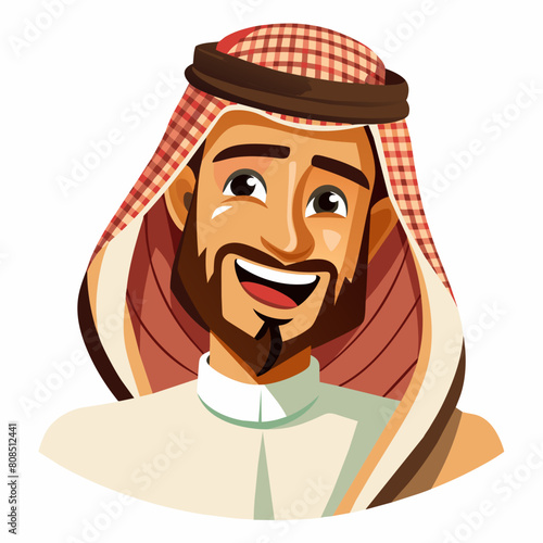 An Arabic Saudi man, exuding vintage charm, stands confidently in traditional Muslim attire. His beard adds to his distinguished appearance, symbolizing maturity and wisdom. With a subtle wink.