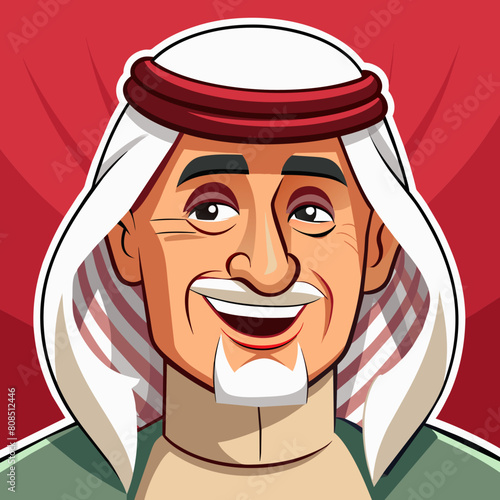An Arabic Saudi man, exuding vintage charm, stands confidently in traditional Muslim attire. His beard adds to his distinguished appearance, symbolizing maturity and wisdom. With a subtle wink.