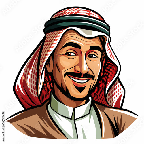 An Arabic Saudi man, exuding vintage charm, stands confidently in traditional Muslim attire. His beard adds to his distinguished appearance, symbolizing maturity and wisdom. With a subtle wink.