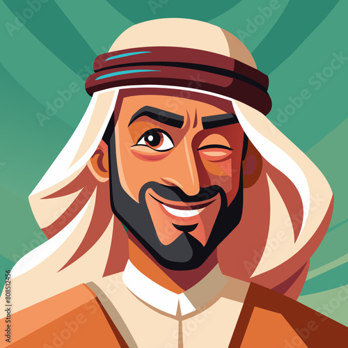 An Arabic Saudi man, exuding vintage charm, stands confidently in traditional Muslim attire. His beard adds to his distinguished appearance, symbolizing maturity and wisdom. With a subtle wink.