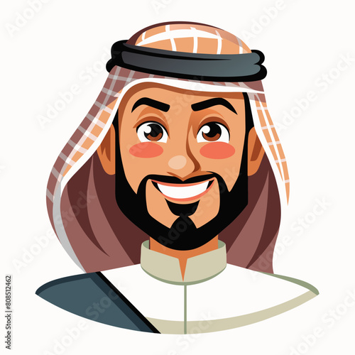An Arabic Saudi man, exuding vintage charm, stands confidently in traditional Muslim attire. His beard adds to his distinguished appearance, symbolizing maturity and wisdom. With a subtle wink.