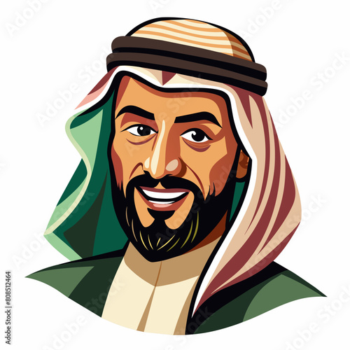 An Arabic Saudi man, exuding vintage charm, stands confidently in traditional Muslim attire. His beard adds to his distinguished appearance, symbolizing maturity and wisdom. With a subtle wink.