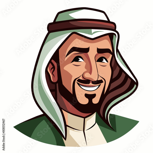 An Arabic Saudi man, exuding vintage charm, stands confidently in traditional Muslim attire. His beard adds to his distinguished appearance, symbolizing maturity and wisdom. With a subtle wink.